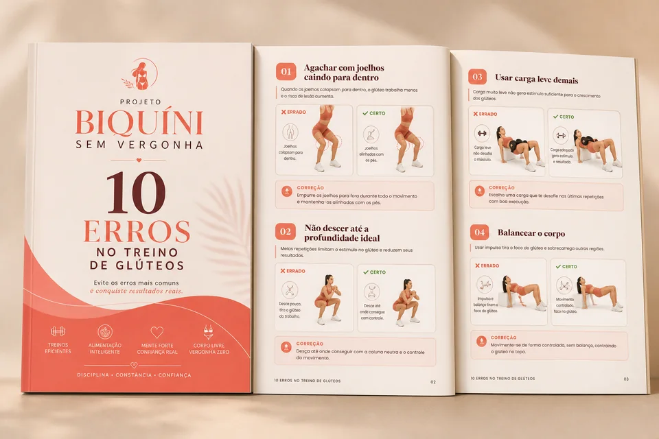 Capa e páginas internas do bônus 10 erros no treino de glúteos