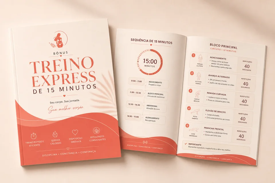 Capa e páginas internas do bônus Treino Express de 15 minutos
