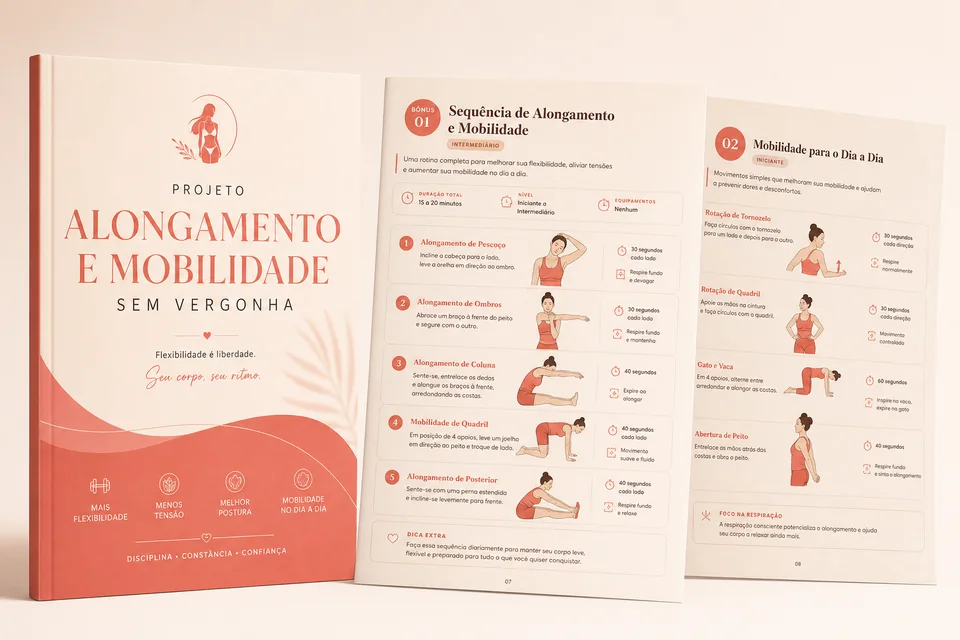 Capa e páginas internas do bônus Alongamento e Mobilidade