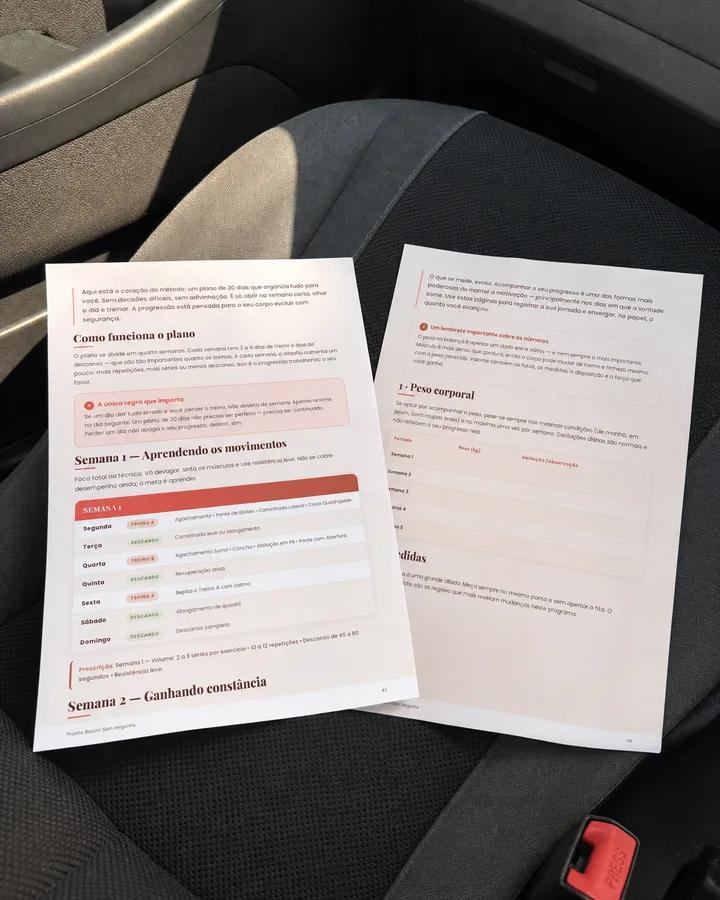 Folhas impressas e separadas do plano de treino sobre o banco de um carro