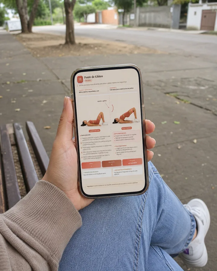 Mulher consultando uma página de exercício no celular enquanto está sentada em um banco na rua